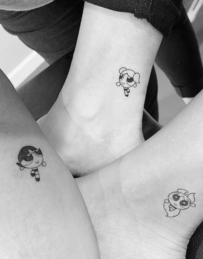 black and white photo, powerpuff girls inspired, ankle tattoos, friendship tattoos