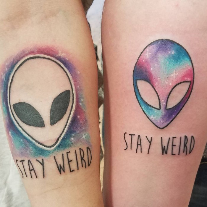stay weird, watercolour alien, friendship tattoos, forearm tattoos