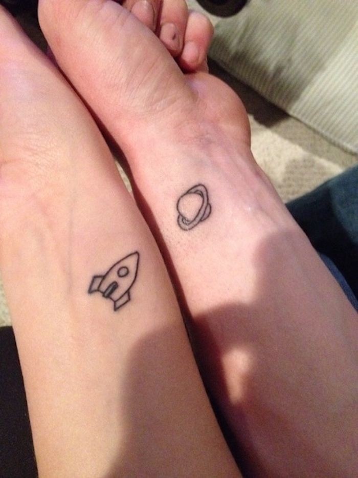 spaceship and planet, wrist tattoos, cute best friend tattoos, side by side arms