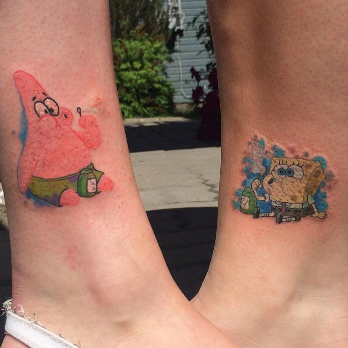 spongebob and patrick, coloured ankle tattoos, cute best friend tattoos, paved street