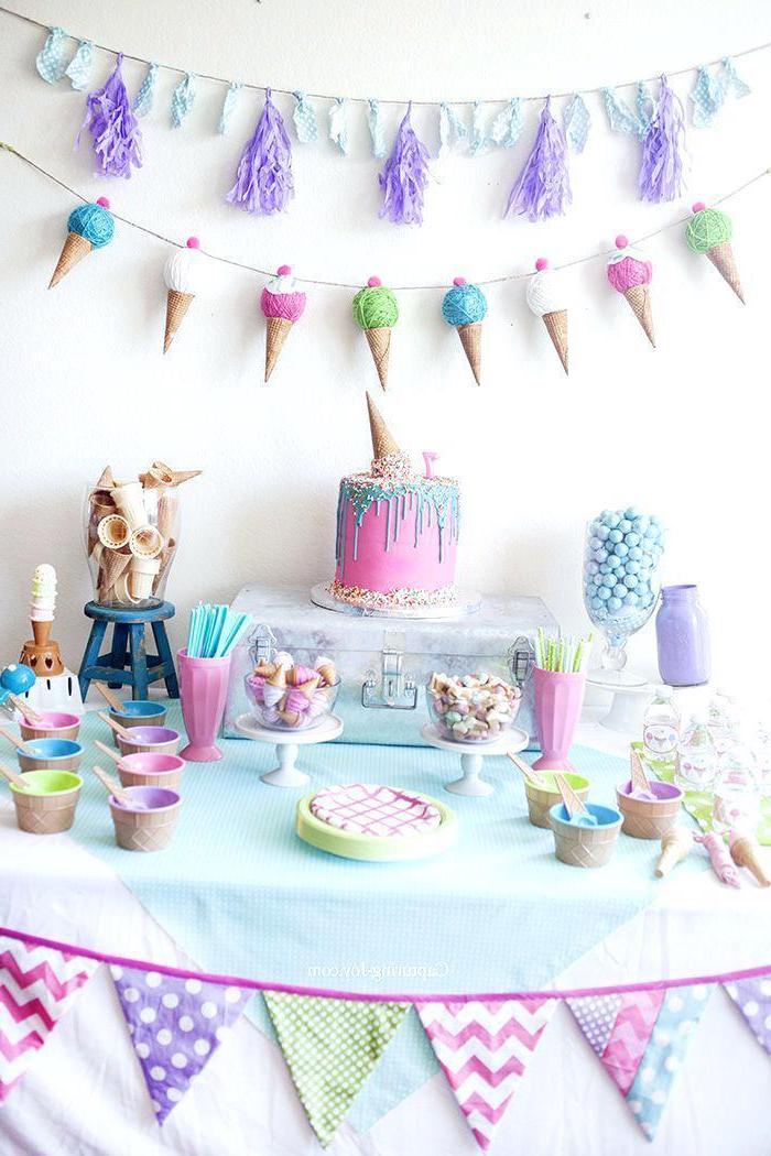 ice cream cones garland, good places to have a birthday party, pink purple and blue decor