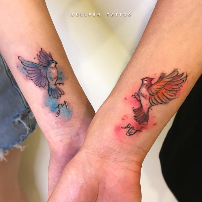 watercolour birds flying, wrist tattoos, friendship symbol tattoos, white background