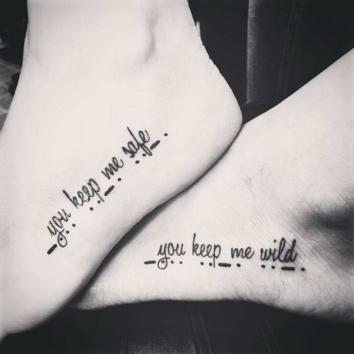friendship symbol tattoos, you keep me safe, you keep me wild, lines and dots, leg tattoos, black and white photo