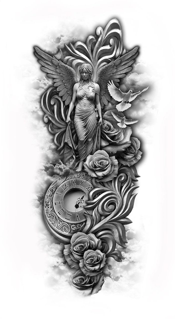black and white sketch, sleeve tattoos, religious theme, roses and birds, angel and clock