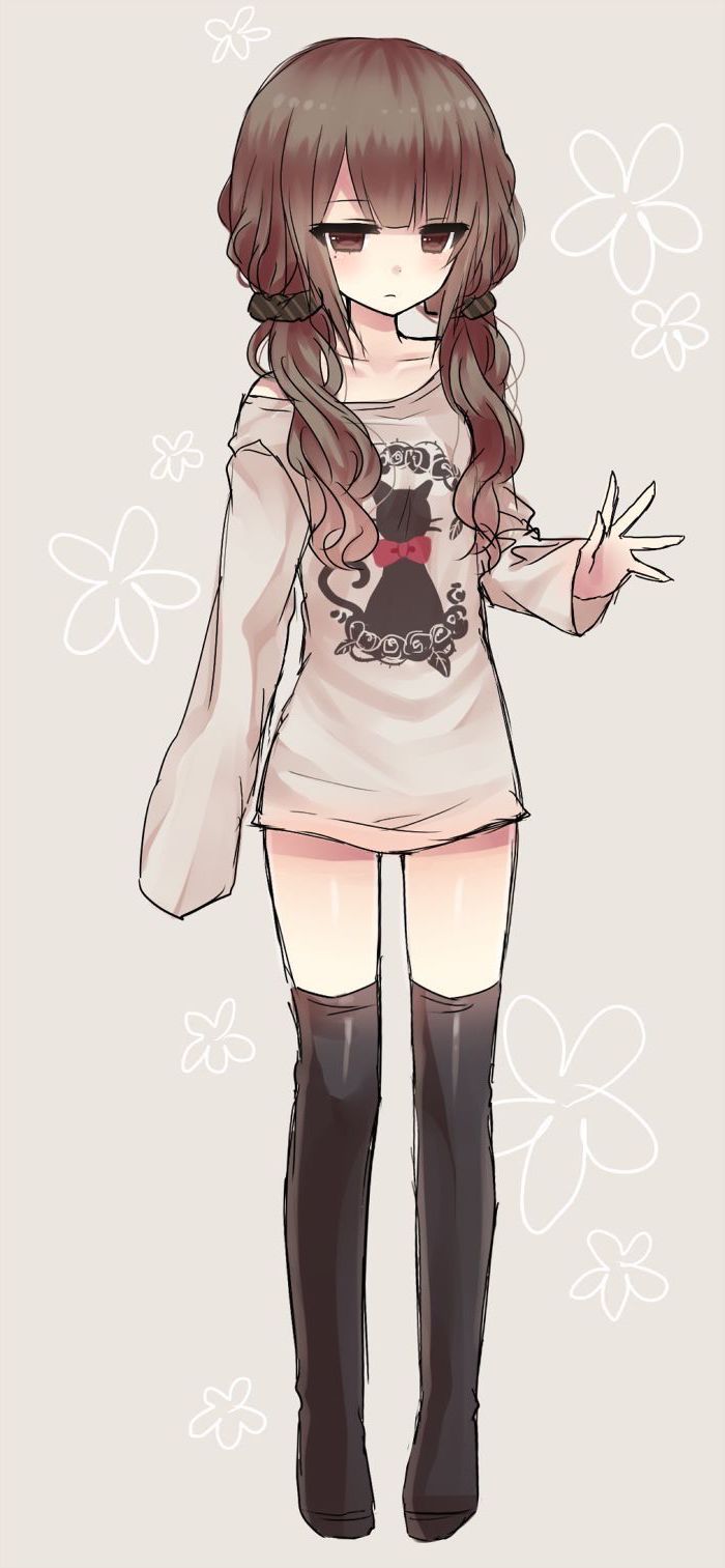 anime girl drawing, colourful drawing, long black socks, beige blouse, brown hair