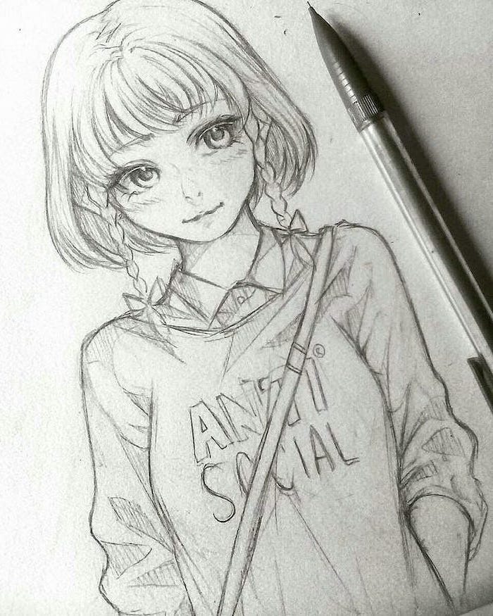 girl drawing, how to draw anime step by step, pencil sketch, step by step