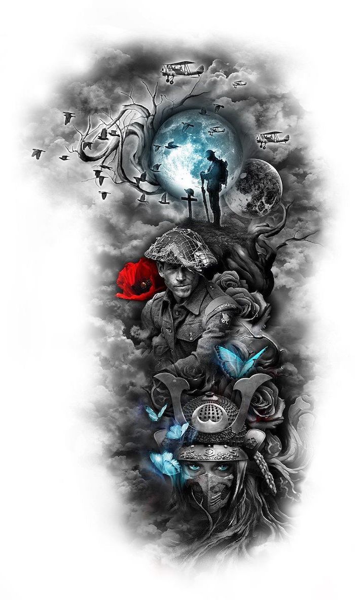 half sleeve tattoo, black and white sketch, soldiers and warriors, blue butterflies and moon, red flower