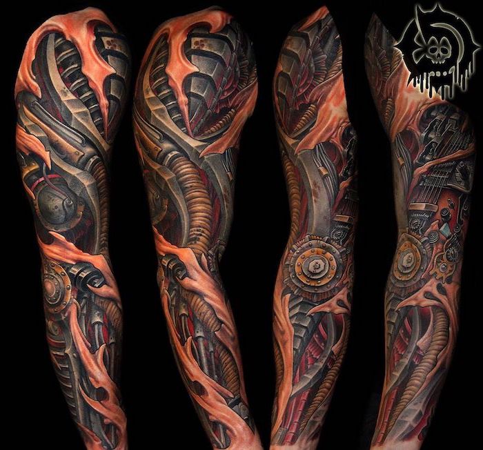 biomechanical coloured tattoo, half sleeve tattoo, black background
