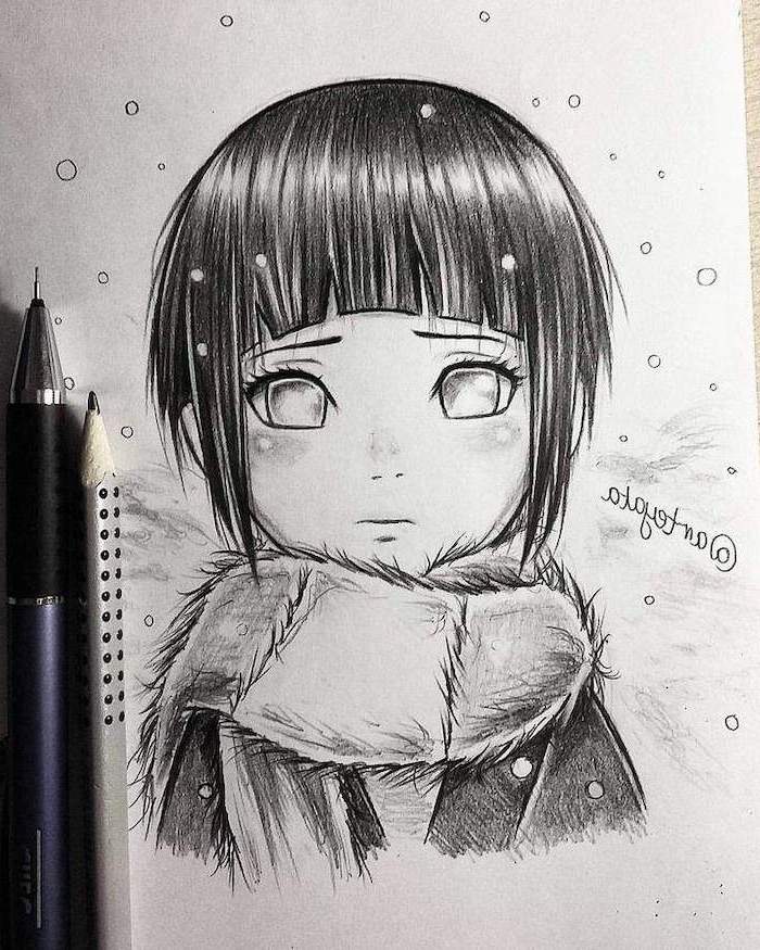 anime boy hair, girl drawing, black hair, with bangs, black and white, pencil sketch