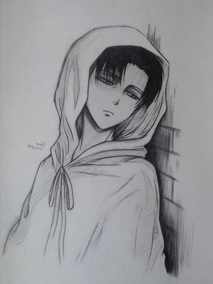 boy leaning on wall, anime boy hair, black and white, pencil sketch