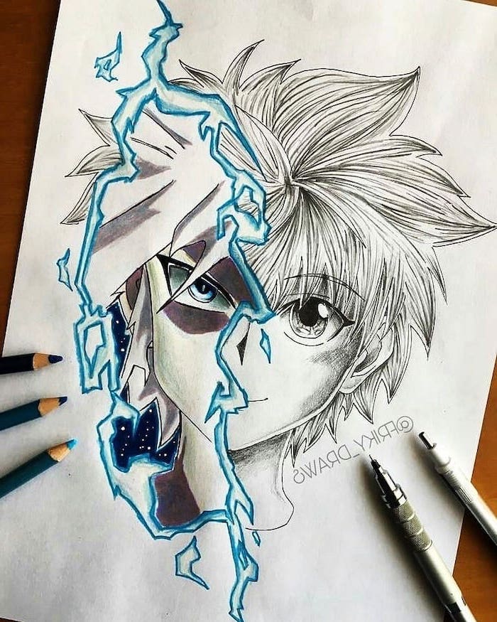 split drawing, black and white, pencil sketch, with some blue, how to draw anime eyes