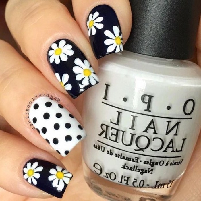 black and white nail polish, white daisies, black dots, matte nail designs, nail polish bottle