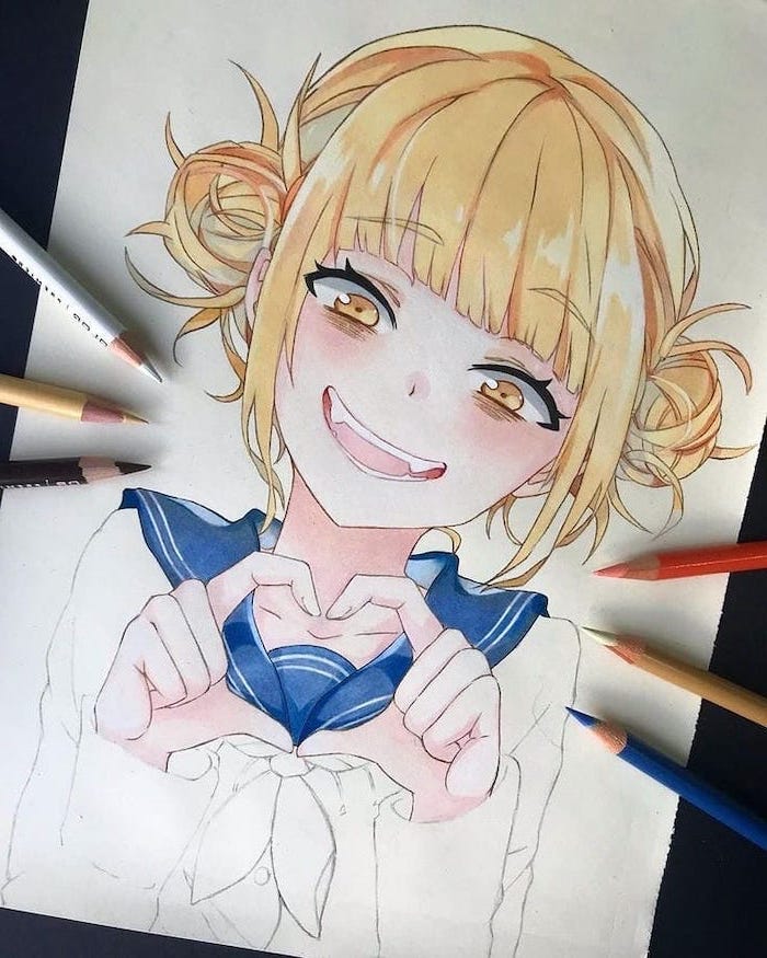 girl drawing, blonde hair, blue scarf, pencil drawing, how to draw anime characters