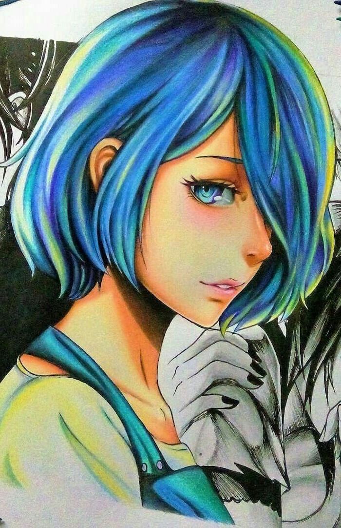 blue hair, colourful drawing, how to draw anime characters, girl drawing