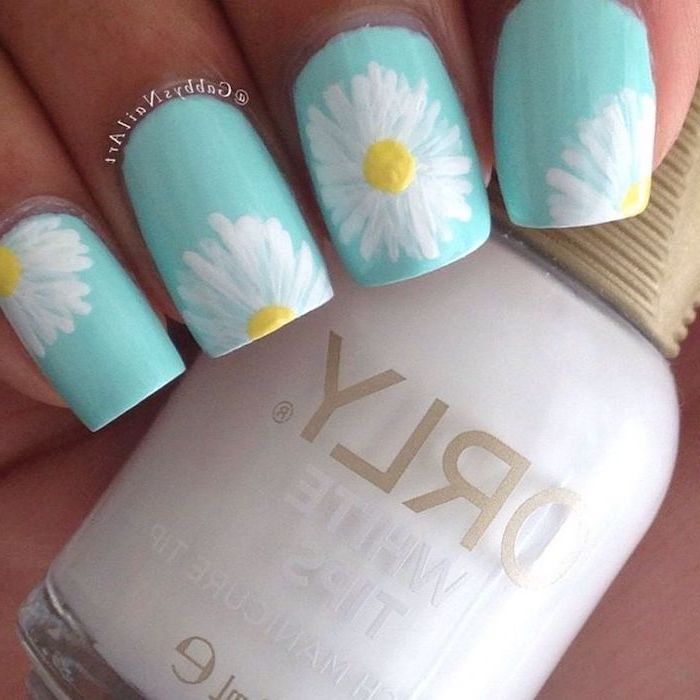 blue nail polish, matte nail designs, white daisies, nail polish bottle
