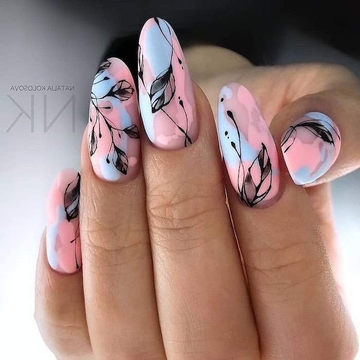 watercolor pink and blue, nail polish, black leaves, fall nail designs, grey background