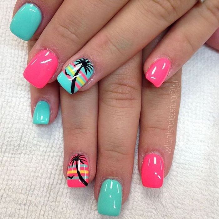 cute summer nails, pink and blue nail polish, black palm trees, white background