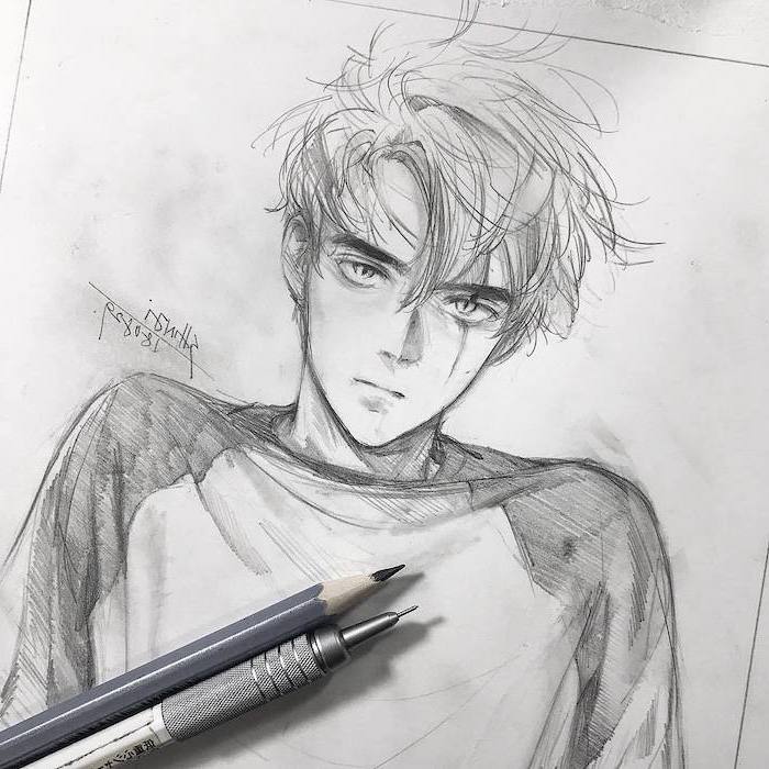black and white, pencil sketch, how to draw anime characters, boy drawing