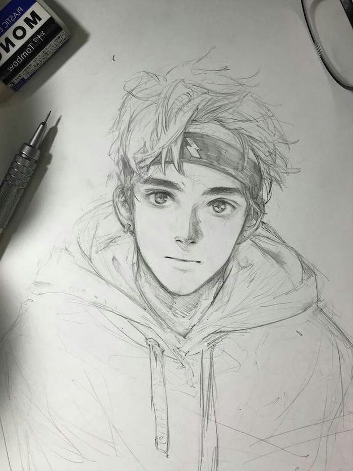 pencil sketch, how to draw anime characters, in black and white, boy drawing
