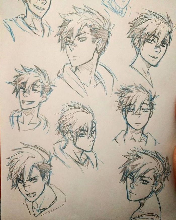 pencil sketches, different facial expressions, how to draw anime body, blue and graphite pencils