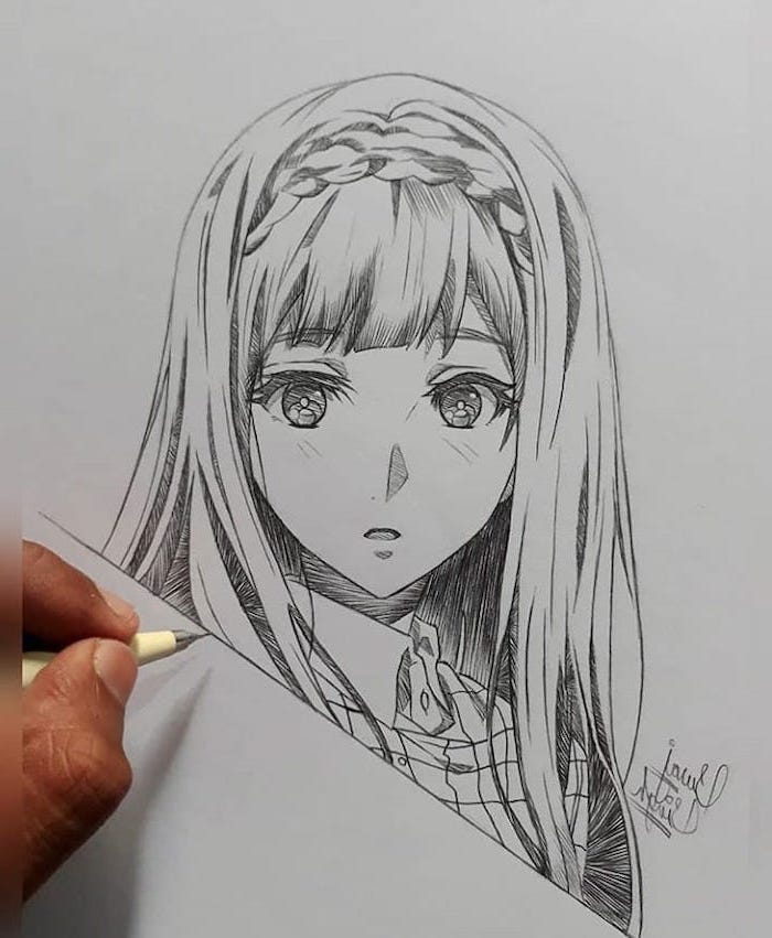 girl drawing, how to draw anime body, pencil sketch, in black and white, braided hair
