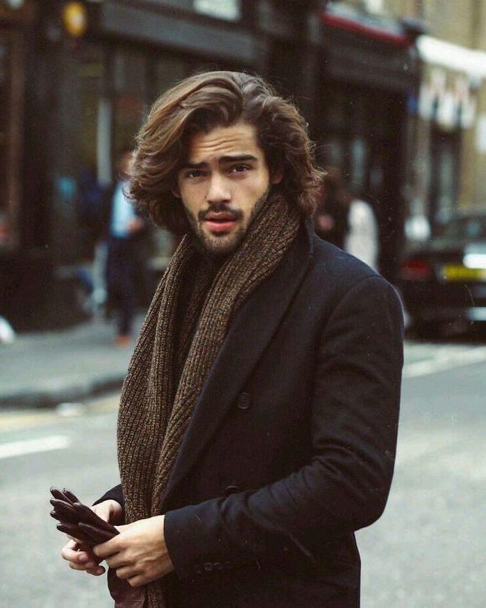 black coat, brown scarf, hair styles for men, black curly hair, leather gloves
