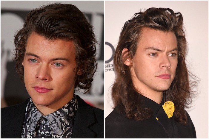 harry styles, brown curly hair, side by side photos, medium hairstyles for men