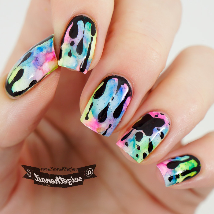 fall nail designs, colorful warercolor, black splashes, blue and pink, green and purple