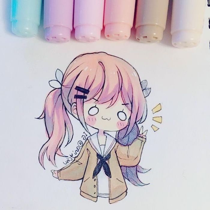 little girl, colourful drawing, how to draw anime face, pink hair, yellow jacket