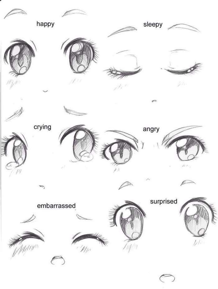 different eye shapes, according to the emotions, anime girl drawing, black and white, pencil sketch