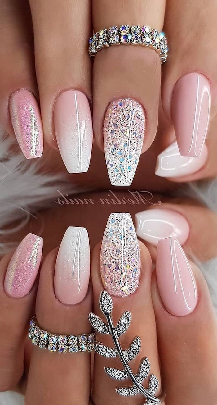 pink and white ombre, pink glitter, nail polish, cute summer nails, rings with rhinestones