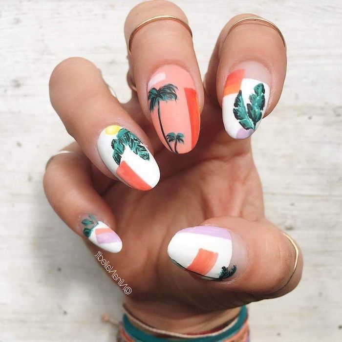 manicure ideas, orange and white nail polish, green palm trees, gold rings, white background