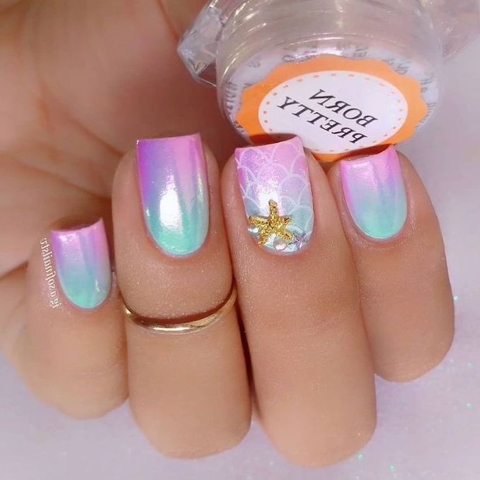 mermaid nails, manicure ideas, short nails, pink and blue ombre, chrome nail polish