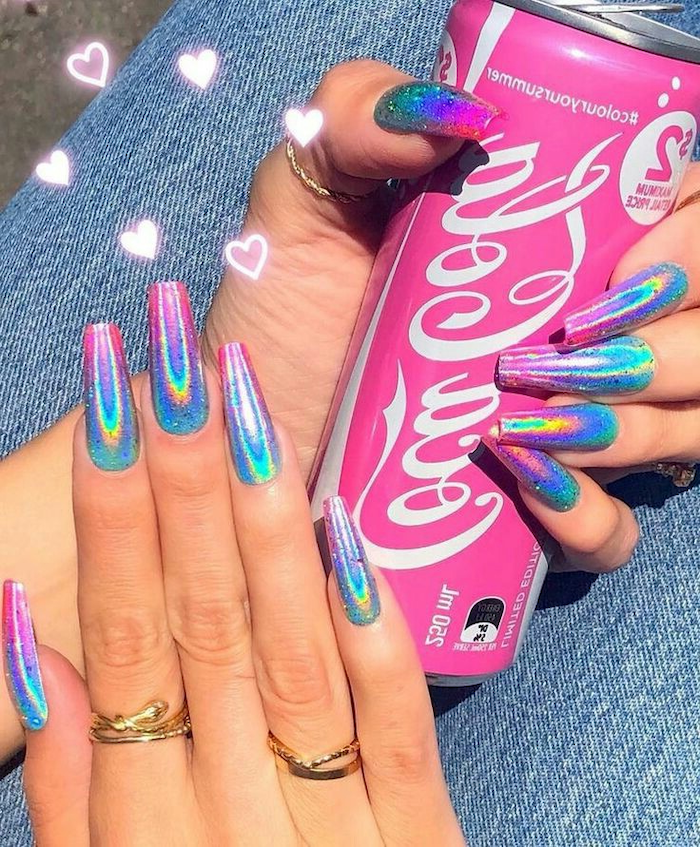 pink coca cola can, long coffin nails, manicure ideas, chrome ombre nails, gold rings