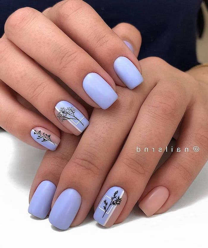 blue nail polish, black tree branches, spring nail designs, short nails, white background