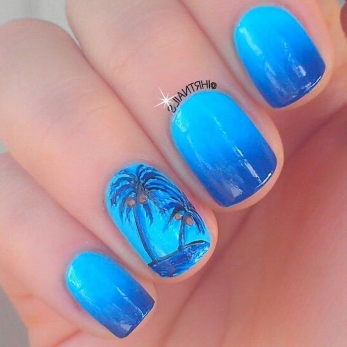 light and dark blue ombre, blue palm trees, manicure ideas, short nails