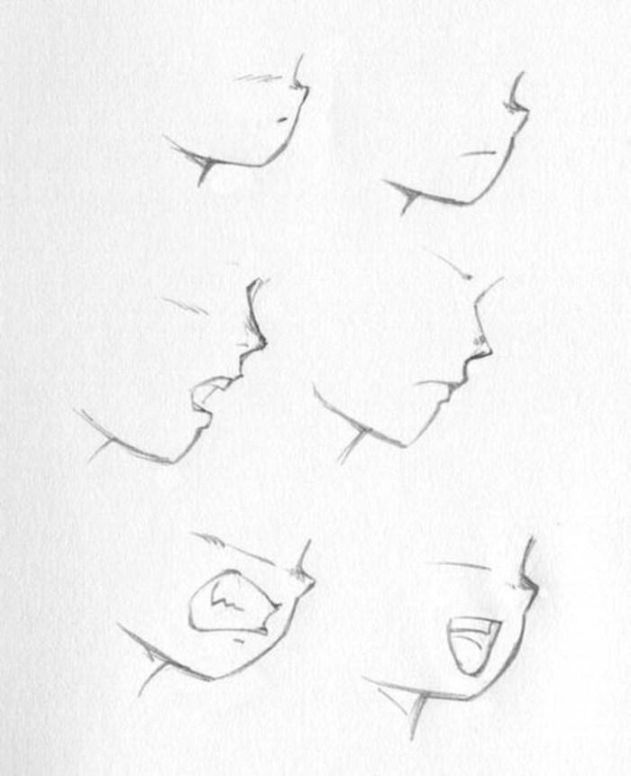 different lip shapes, black and white, pencil sketch, how to draw anime girl