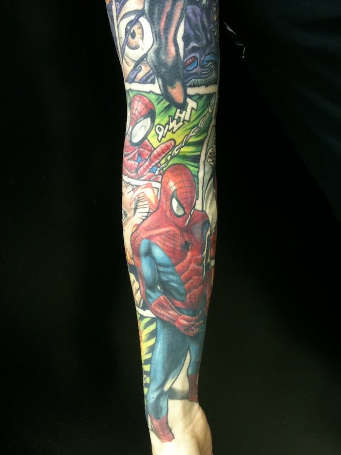 spider man, comic book inspired, arm tattoo ideas, black background, coloured tattoo