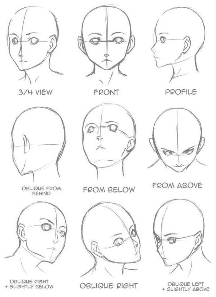 face drawing, from different angles, anime girl drawing, black and white, pencil sketch