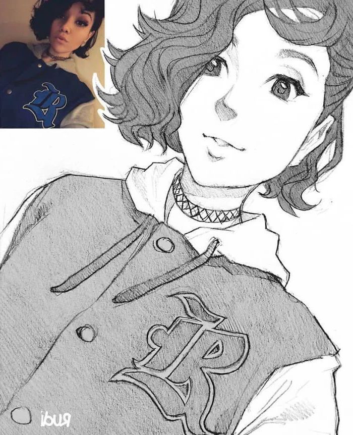 girl drawing, drawn from a photo, anime boy drawing, pencil sketch, black and white