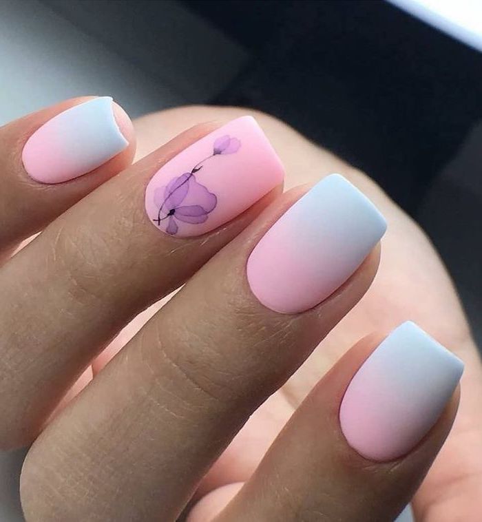 cute nail designs, purple watercolour flowers, pink and blue ombre, nail polish