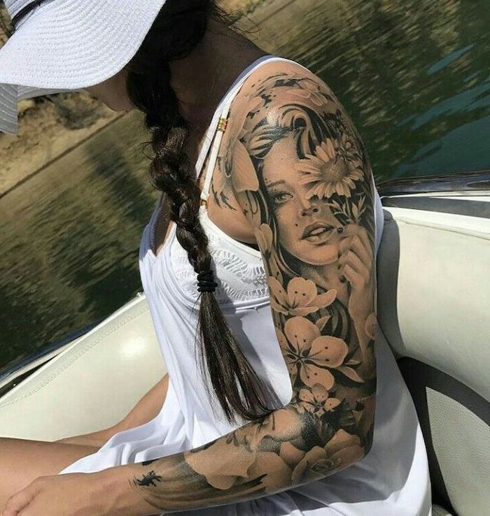 tattoo sleeve ideas for men, female face, surrounded by flowers, black braided hair, white dress