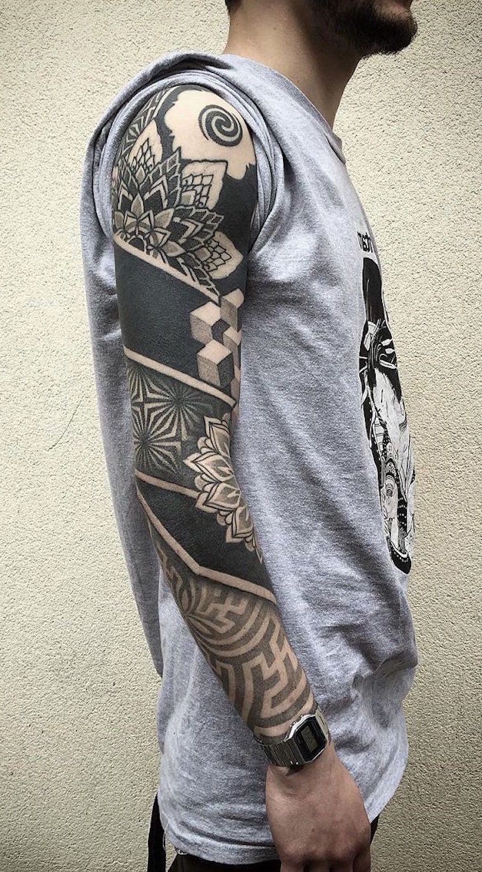 grey t shirt, geometrical mandala, half sleeve tattoos for women, white background