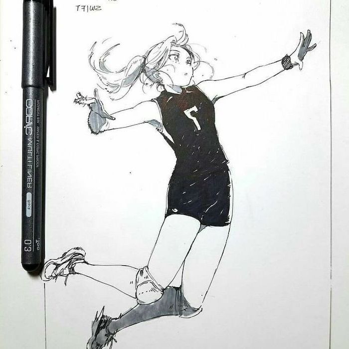 anime drawing ideas, girl playing volleyball, black and white, marker sketch