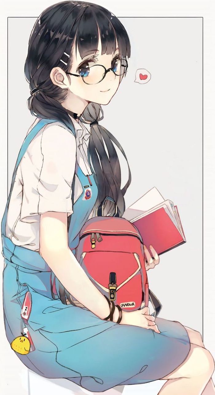 girl sitting on a chair, blue onesie, red backpack, anime drawing ideas, black hair, colourful drawing