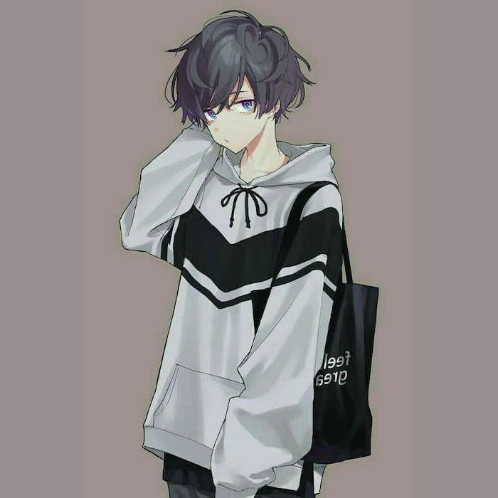 boy drawing, grey hoodie, black bag, black hair, anime drawing ideas, purple background