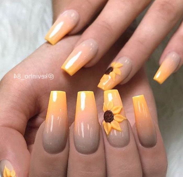 nail tip designs, nude and yellow ombre, long coffin nails, 3d sunflowers