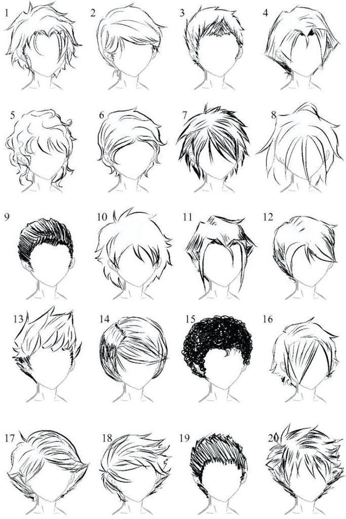 different hairstyles, anime drawing ideas, black and white, pencil sketch