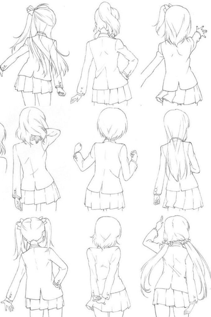 cute anime drawings, black and white, pencil sketch, different hairstyles