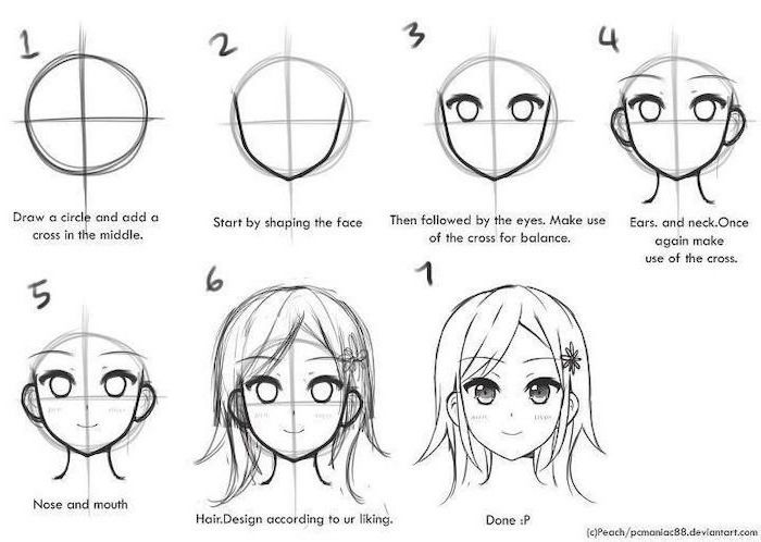 face drawing, step by step tutorial, how to draw anime, black and white, pencil sketch